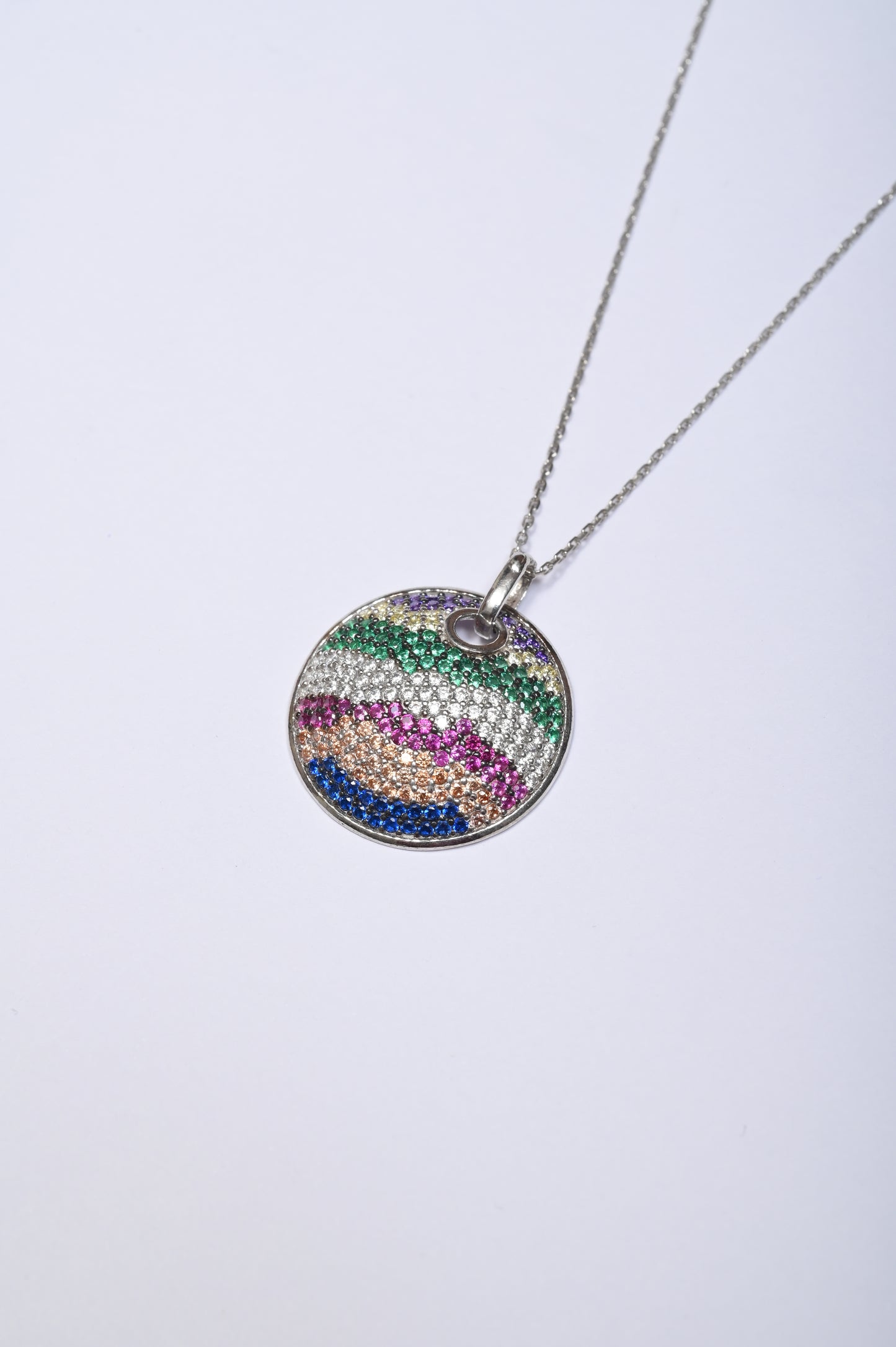 Multicoloured Diamond Circular 925 Silver Necklace